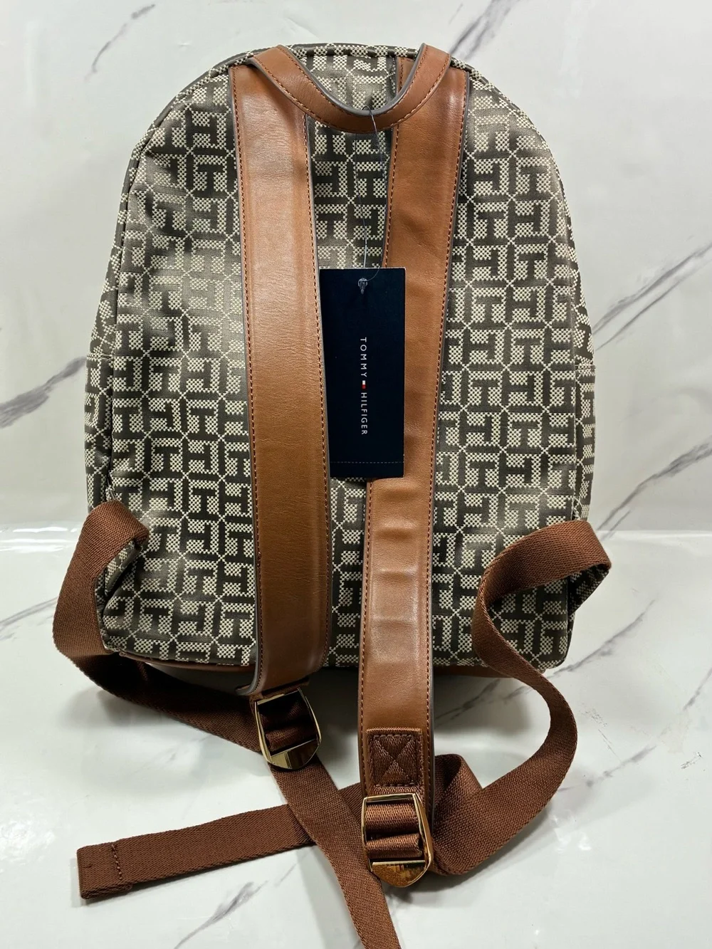 Tommy Hilfiger Beige Monogram Backpack with Red-White-Blue Stripe